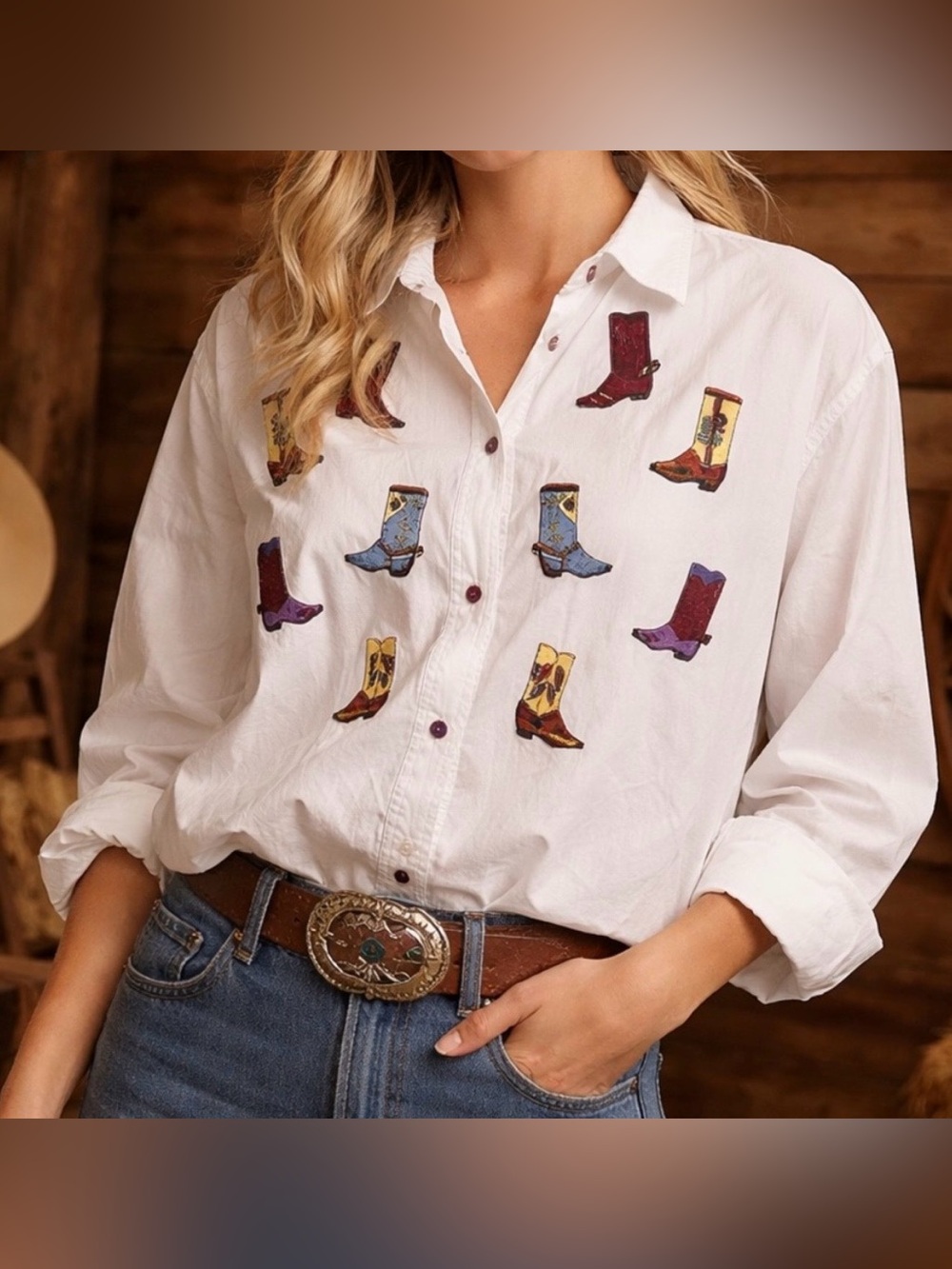 Vintage At Last LARGE western cowboy boots white button up shirt